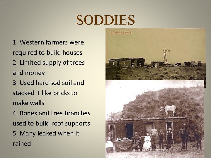 SODDIES 1. Western farmers were required to build houses 2. Limited supply of trees