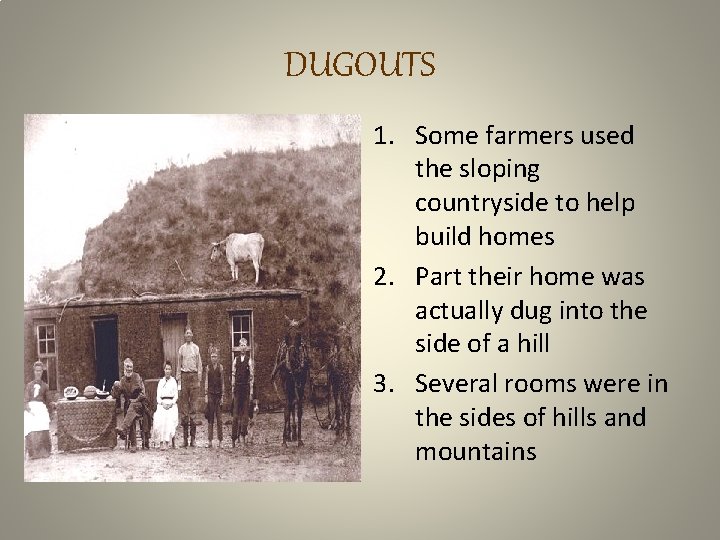 DUGOUTS 1. Some farmers used the sloping countryside to help build homes 2. Part