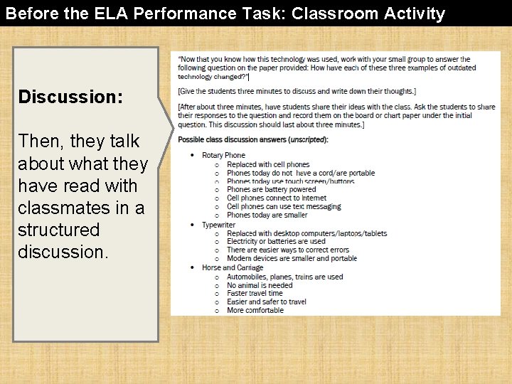Before the ELA Performance Task: Classroom Activity Discussion: Then, they talk about what they