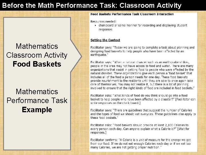 Before the Math Performance Task: Classroom Activity Mathematics Classroom Activity Food Baskets Mathematics Performance