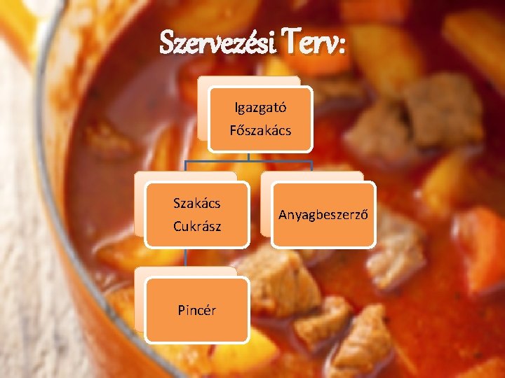 Szervezési Terv: Igazgató Főszakács Szakács Cukrász Pincér Anyagbeszerző 