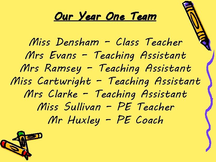 Our Year One Team Miss Densham – Class Teacher Mrs Evans – Teaching Assistant