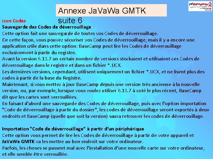 Annexe Ja. Va. Wa GMTK suite 6 icon Codes Sauvegarde des Codes de déverrouillage