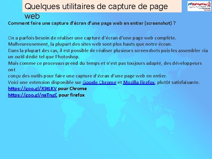 Quelques utilitaires de capture de page web Comment faire une capture d’écran d’une page