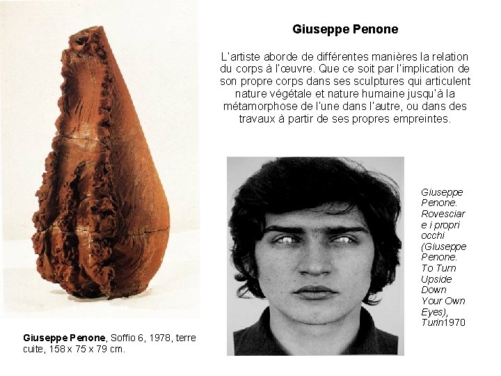 Giuseppe Penone L’artiste aborde de différentes manières la relation du corps à l’œuvre. Que
