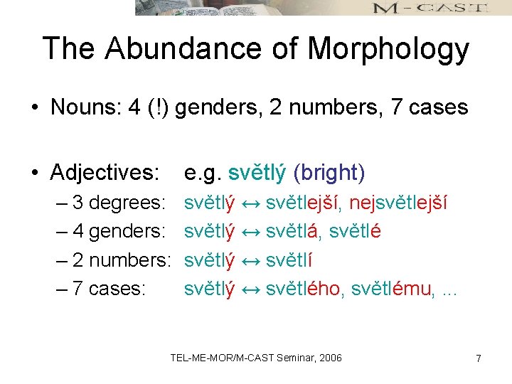 The Abundance of Morphology • Nouns: 4 (!) genders, 2 numbers, 7 cases •