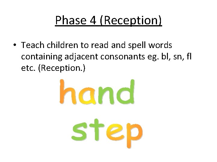 Phase 4 (Reception) • Teach children to read and spell words containing adjacent consonants Phase 4 (Reception) • Teach children to read and spell words containing adjacent consonants
