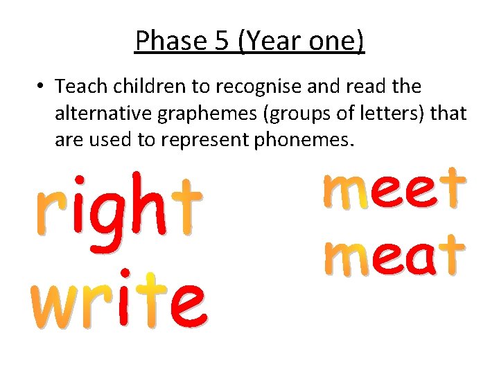 Phase 5 (Year one) • Teach children to recognise and read the alternative graphemes Phase 5 (Year one) • Teach children to recognise and read the alternative graphemes