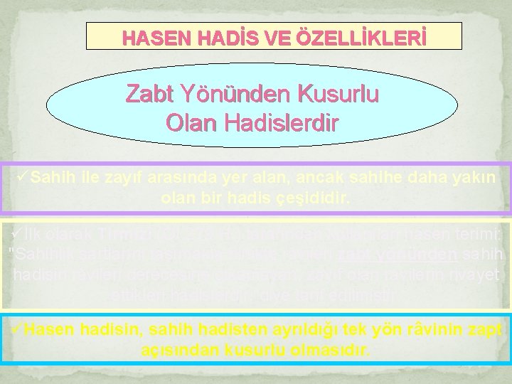 HASEN HADİS VE ÖZELLİKLERİ Zabt Yönünden Kusurlu Olan Hadislerdir üSahih ile zayıf arasında yer