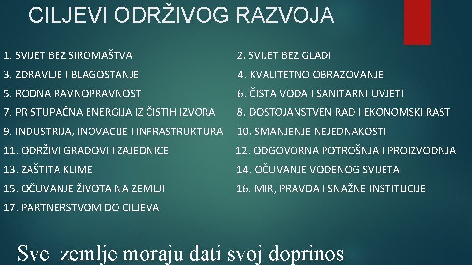 CILJEVI ODRŽIVOG RAZVOJA 1. SVIJET BEZ SIROMAŠTVA 2. SVIJET BEZ GLADI 3. ZDRAVLJE I