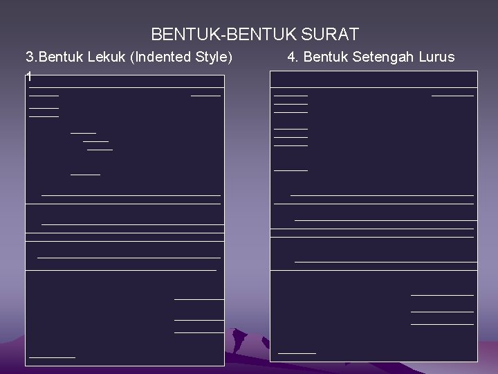 BENTUK-BENTUK SURAT 3. Bentuk Lekuk (Indented Style) 1 4. Bentuk Setengah Lurus 