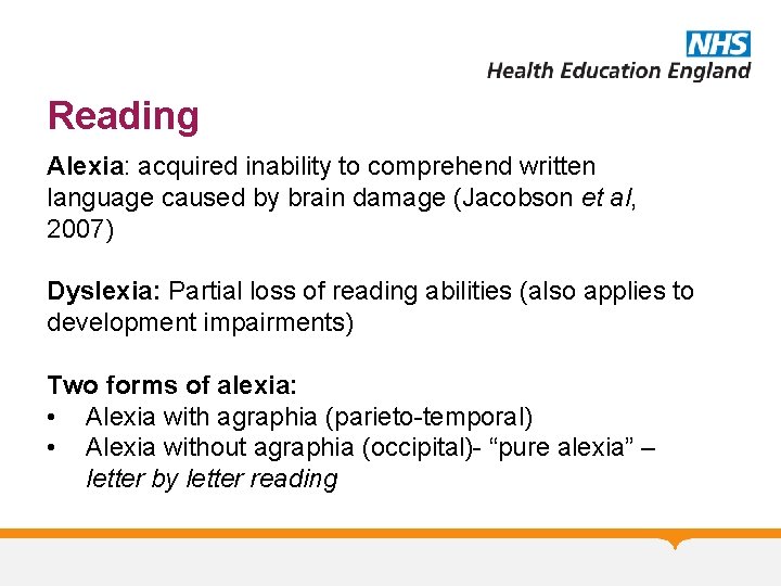 Reading Alexia: acquired inability to comprehend written language caused by brain damage (Jacobson et