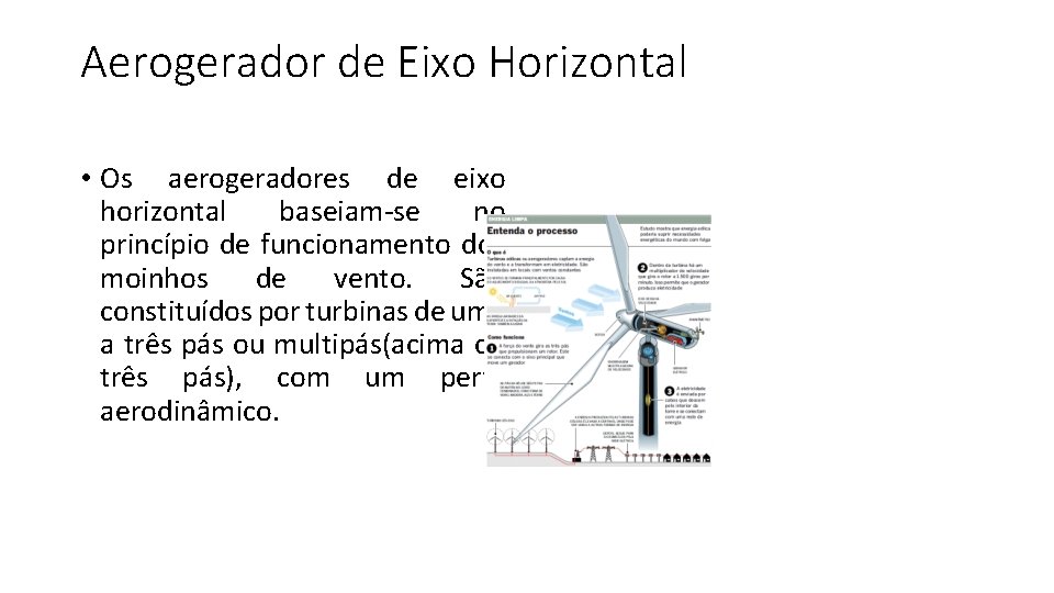 Aerogerador de Eixo Horizontal • Os aerogeradores de eixo horizontal baseiam-se no princípio de