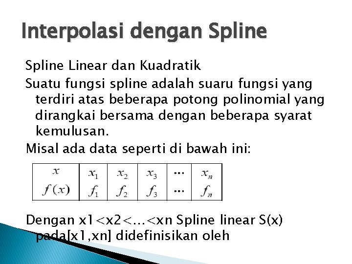 Interpolasi dengan Spline Linear dan Kuadratik Suatu fungsi spline adalah suaru fungsi yang terdiri