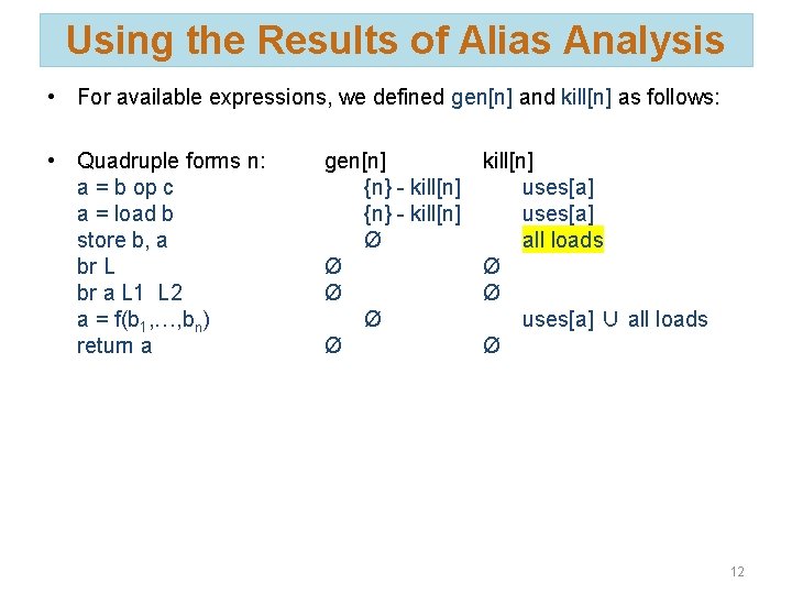 Using the Results of Alias Analysis • For available expressions, we defined gen[n] and