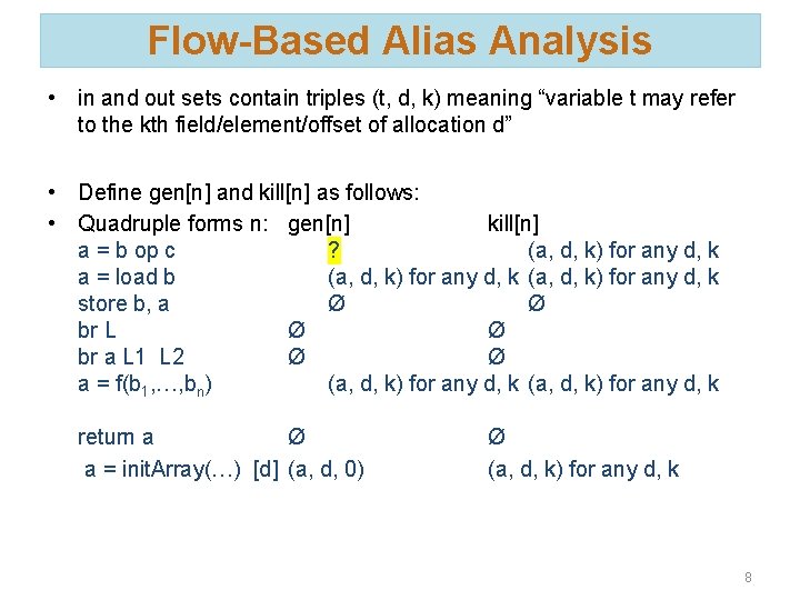 Flow-Based Alias Analysis • in and out sets contain triples (t, d, k) meaning Flow-Based Alias Analysis • in and out sets contain triples (t, d, k) meaning