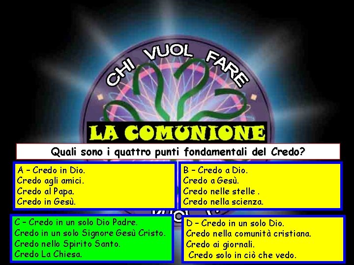 Quali sono i quattro punti fondamentali del Credo? A – Credo in Dio. Credo