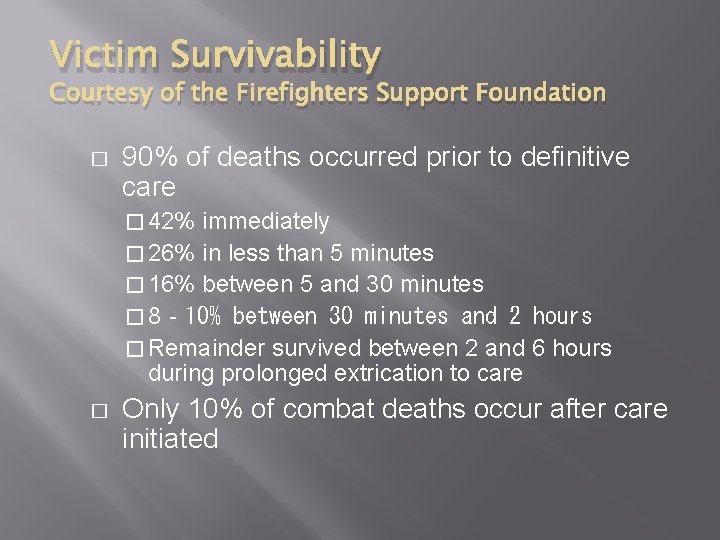 Victim Survivability Courtesy of the Firefighters Support Foundation � 90% of deaths occurred prior