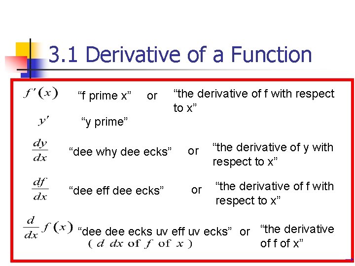 3. 1 Derivative of a Function “f prime x” or “the derivative of f