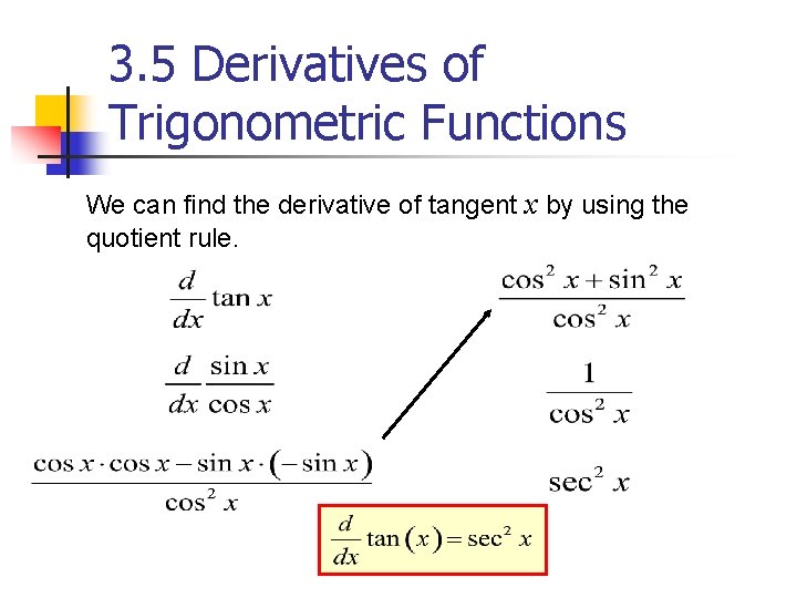 3. 5 Derivatives of Trigonometric Functions We can find the derivative of tangent x