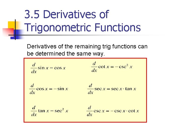 3. 5 Derivatives of Trigonometric Functions Derivatives of the remaining trig functions can be