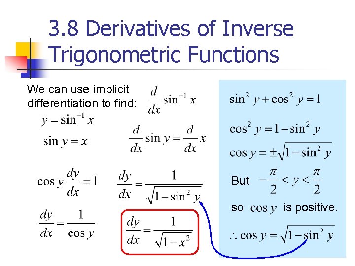 3. 8 Derivatives of Inverse Trigonometric Functions We can use implicit differentiation to find: