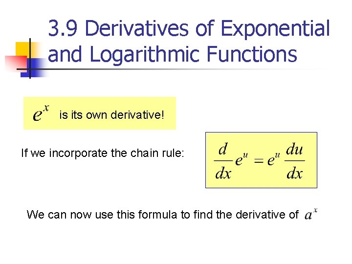 3. 9 Derivatives of Exponential and Logarithmic Functions is its own derivative! If we