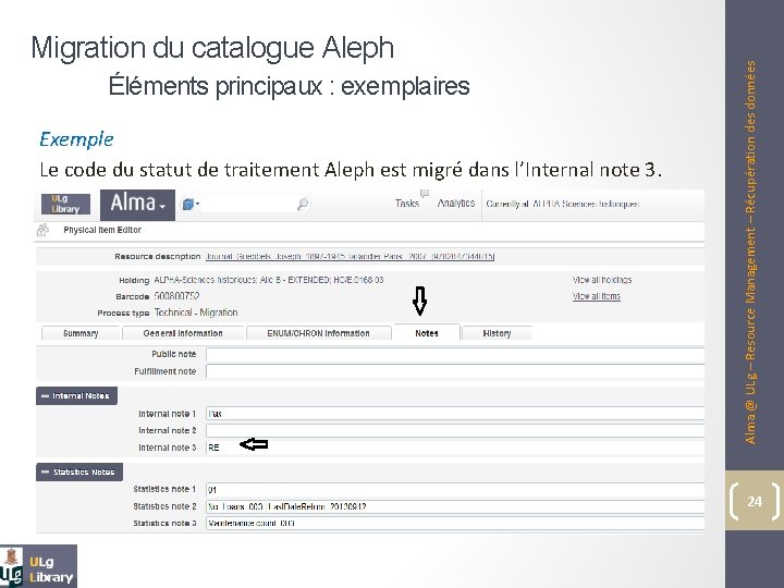 Éléments principaux : exemplaires Exemple Le code du statut de traitement Aleph est migré