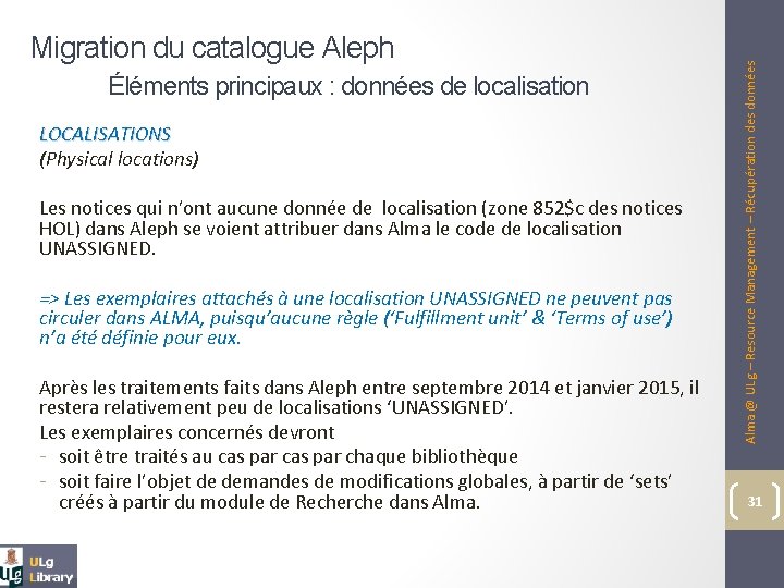 Éléments principaux : données de localisation LOCALISATIONS (Physical locations) Les notices qui n’ont aucune