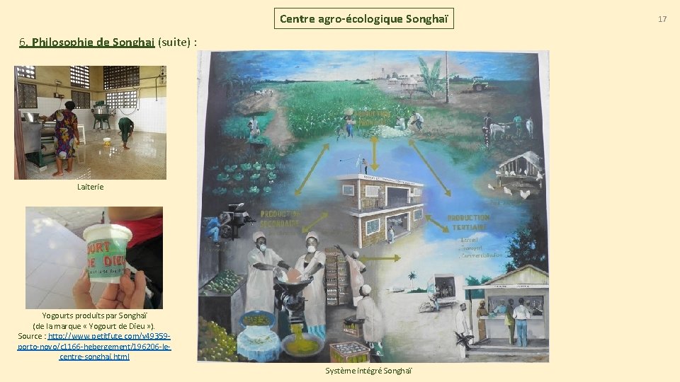 Centre agro-écologique Songhaï 6. Philosophie de Songhai (suite) : Laiterie Yogourts produits par Songhaï Centre agro-écologique Songhaï 6. Philosophie de Songhai (suite) : Laiterie Yogourts produits par Songhaï