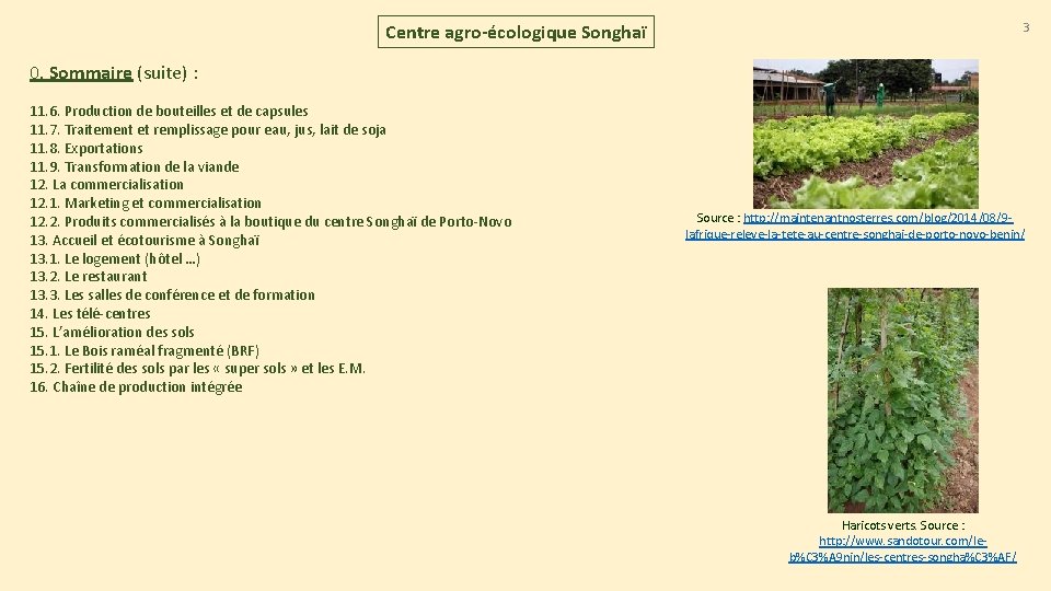 3 Centre agro-écologique Songhaï 0. Sommaire (suite) : 11. 6. Production de bouteilles et 3 Centre agro-écologique Songhaï 0. Sommaire (suite) : 11. 6. Production de bouteilles et