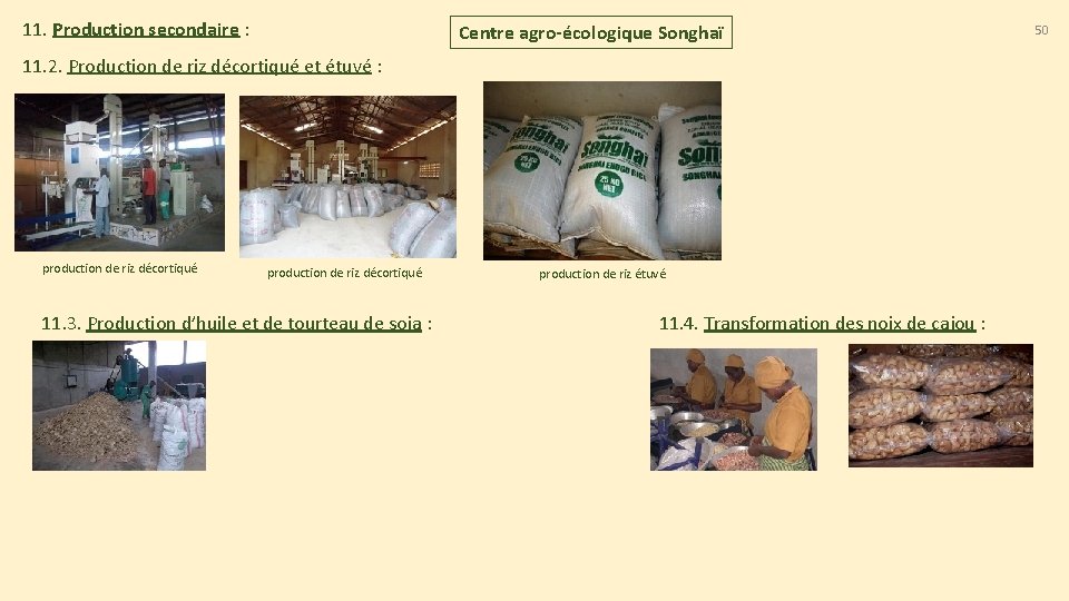 11. Production secondaire : Centre agro-écologique Songhaï 11. 2. Production de riz décortiqué et 11. Production secondaire : Centre agro-écologique Songhaï 11. 2. Production de riz décortiqué et