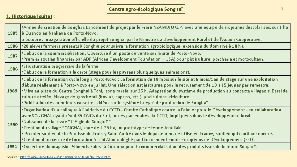 Centre agro-écologique Songhaï 8 1. Historique (suite) : 1985 1986 1987 1988 1989 1990 Centre agro-écologique Songhaï 8 1. Historique (suite) : 1985 1986 1987 1988 1989 1990