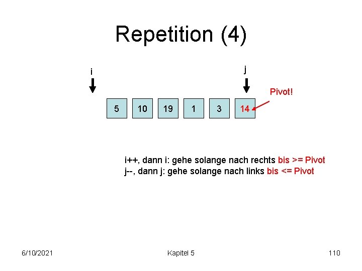 Repetition (4) j i Pivot! 5 10 19 1 3 14 i++, dann i: