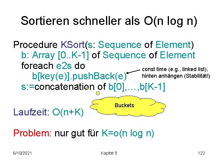 Sortieren schneller als O(n log n) Procedure KSort(s: Sequence of Element) b: Array [0.