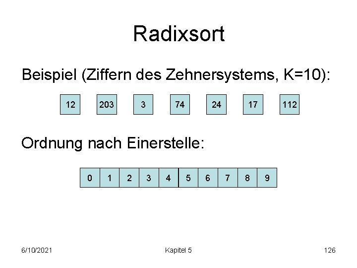 Radixsort Beispiel (Ziffern des Zehnersystems, K=10): 12 203 3 74 24 17 112 Ordnung