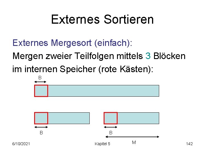 Externes Sortieren Externes Mergesort (einfach): Mergen zweier Teilfolgen mittels 3 Blöcken im internen Speicher