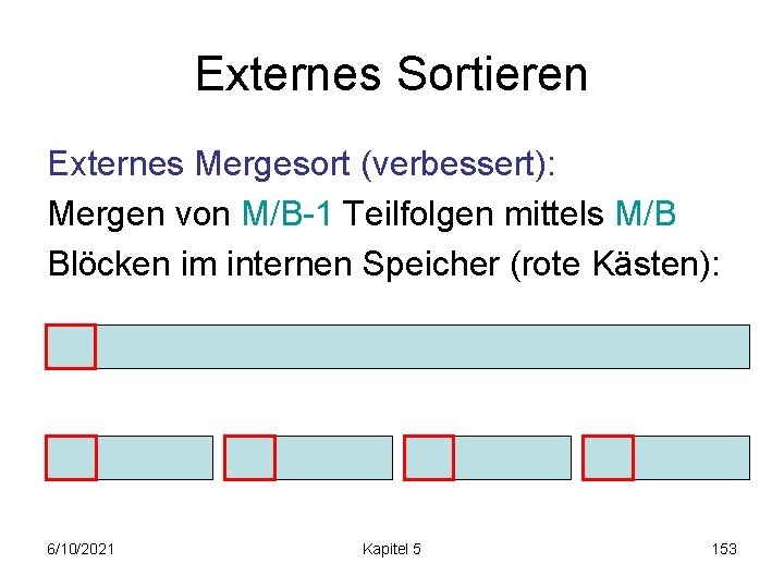 Externes Sortieren Externes Mergesort (verbessert): Mergen von M/B-1 Teilfolgen mittels M/B Blöcken im internen