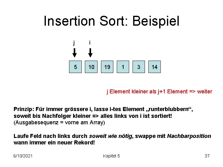 Insertion Sort: Beispiel j i 5 10 19 1 3 14 j Element kleiner