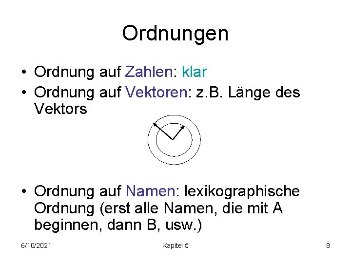 Ordnungen • Ordnung auf Zahlen: klar • Ordnung auf Vektoren: z. B. Länge des