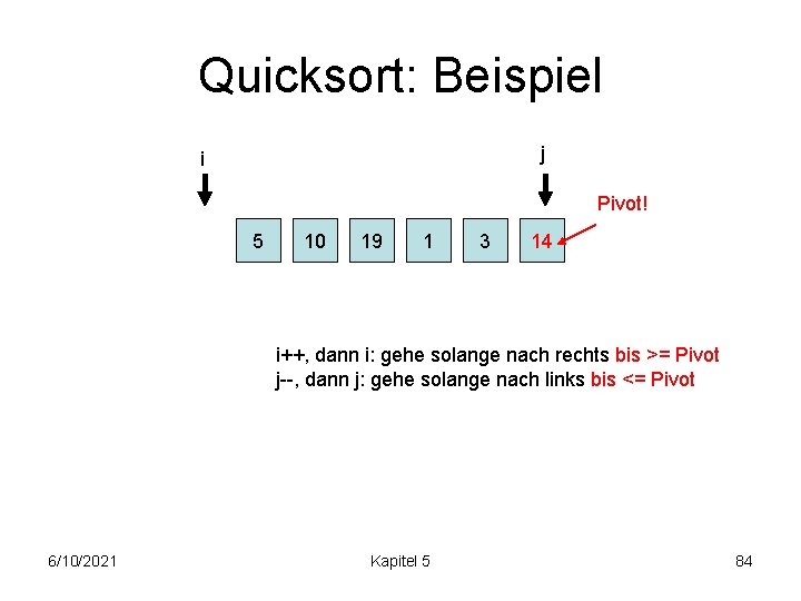 Quicksort: Beispiel j i Pivot! 5 10 19 1 3 14 i++, dann i: