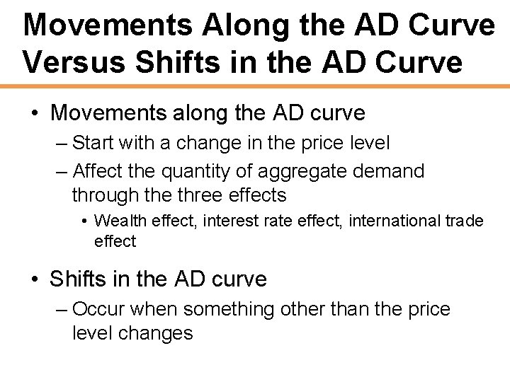 Movements Along the AD Curve Versus Shifts in the AD Curve • Movements along