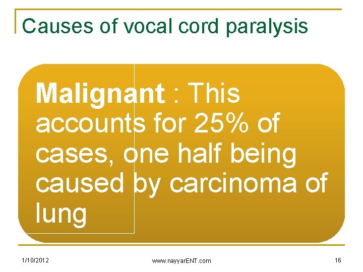 Causes of vocal cord paralysis Malignant : This accounts for 25% of cases, one