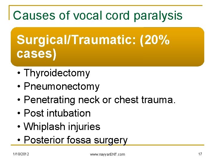 Causes of vocal cord paralysis Surgical/Traumatic: (20% cases) • • • Thyroidectomy Pneumonectomy Penetrating