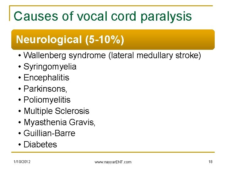 Causes of vocal cord paralysis Neurological (5 -10%) • • • Wallenberg syndrome (lateral