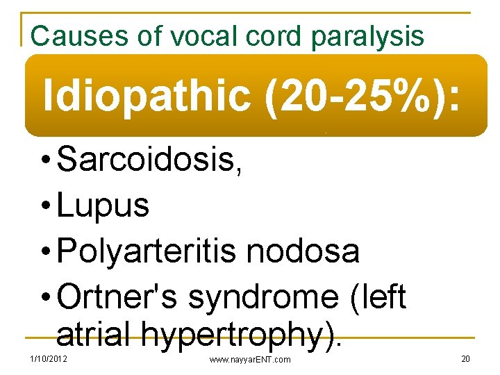 Causes of vocal cord paralysis Idiopathic (20 -25%): • Sarcoidosis, • Lupus • Polyarteritis