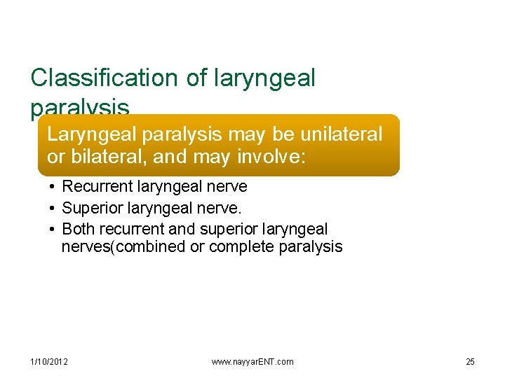 Classification of laryngeal paralysis Laryngeal paralysis may be unilateral or bilateral, and may involve: