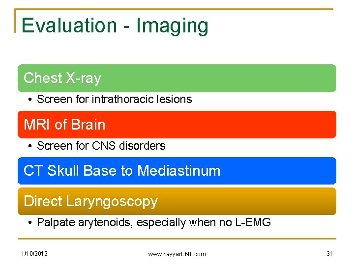 Evaluation - Imaging Chest X-ray • Screen for intrathoracic lesions MRI of Brain •