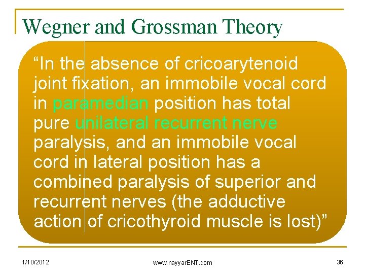 Wegner and Grossman Theory “In the absence of cricoarytenoid joint fixation, an immobile vocal