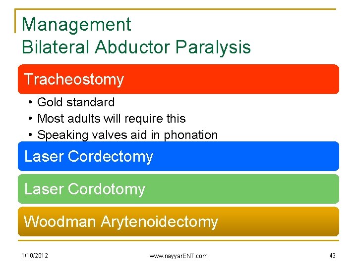 Management Bilateral Abductor Paralysis Tracheostomy • Gold standard • Most adults will require this